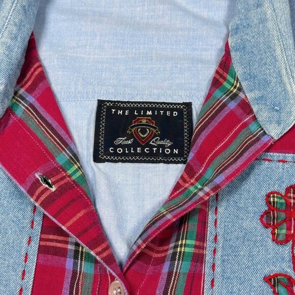 VTG 90s The Limited Collection Patchwork Shirt Sz.L Blue Red Oversized Cottage - Picture 4 of 8